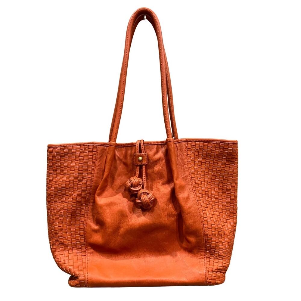 Vintage Liz Claiborne Woven Leather Orange Tote Bag w/ Double Knot Accent